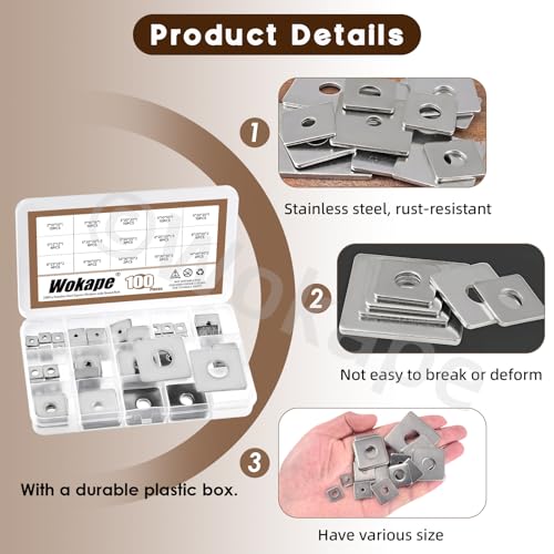 100Pcs Square Washer Kit M3 M4 M5 M6 M8 M10 M14(1/8" 1-1/2" 3/16" 1/4" 5/16" 3/8" 5-1/2") 304 Stainless Steel Rectangular Plate Washers, Square Flat Washers with Round Hole for Bolts/Nuts