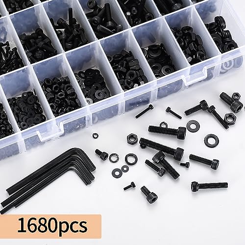 1680 Pcs M2 M3 M4 M5 Metric Hex Head Bolts and Nuts and Washers Set, Hex Socket Head Cap Screws Bolts and Nuts and Washers Assortment Kit, Black Machine Screws Set 1680