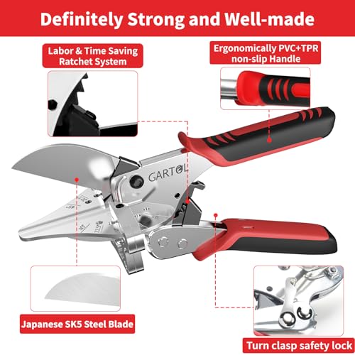 GARTOL Adjustable Ratchet Miter Shears, Precision Multi-Angle Cutter for Quarter Round, Shoe Molding & PVC Trim, 5 Interchangeable Anvils with SK5 Blade, Ideal for Home Renovation & DIY Crafts