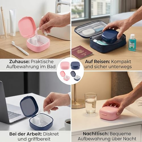 Pack of 2 Denture Box, Denture Box, Braces Box, Denture Box for Travel and Everyday Life, Elegant Colors Pink and Black, Compact Dimensions 3.8 x 7.8 x 7.8 cm