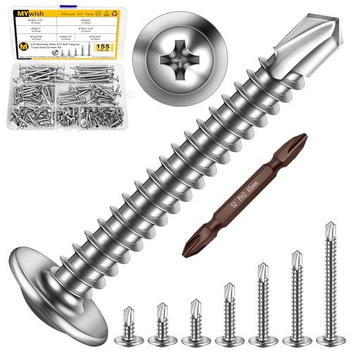 Mywish 200pcs #10×1" Self Tapping Screws for Metal & 155Pcs #10 Modified Sheet Metal Screws Assortment Kit, 1/2" to 2" Truss Head Screws, 410 Stainless Steel Self Tapping Screws for Metal Wood, Hex Wa