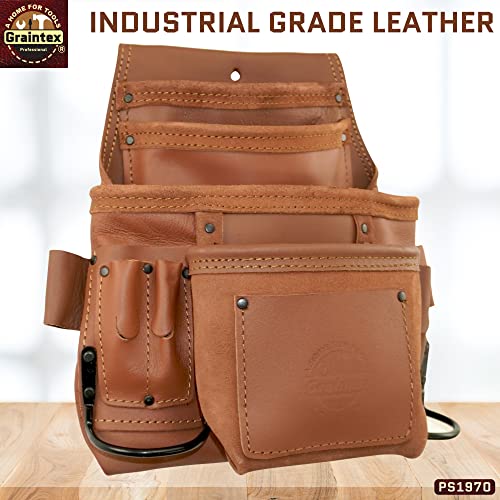 Graintex PS1970 :: 10 Pocket Nail & Tool Pouch Tan Color Industrial Grade Leather; for Constructors, Handyman, Plumbers, Electrician