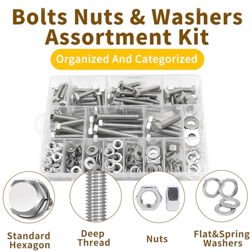 246Pcs Hex Bolts and Nuts Assortment Kit,1/4-20,5/16-18,3/8-16 Stainless Steel Assorted Hex Head Bolts and Nuts,Flat & Lock Washers Set,Fully Threaded,for Home, Auto,Electronic & Industrial Repair 1/4,5/16,3/8