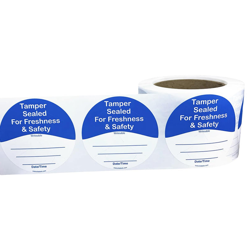 InStockLabels 500 Blue/White Circle Tamper-Evident Food Seal Stickers with Date and Time Section, Labels for Food Containers (3 Inches)