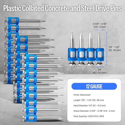 meite 12 Gauge Concrete Nail Drive Pins 7/8 Inch, Plastic Collated 1,000PCS 1 Box 7/8" Concrete Nails