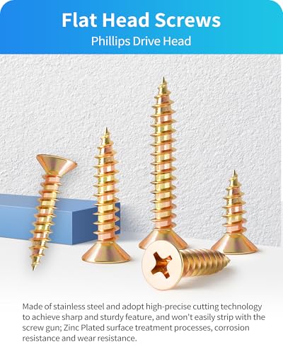 600Pcs Stainless Steel Zinc Plated Wood Screws Assortment Kit, #4#6#8#10#12 Phillips Flat Head Sheet Metal Screws Self Tapping Screws Set,Length 3/8" to 2" (Gold-Flat Head) Gold