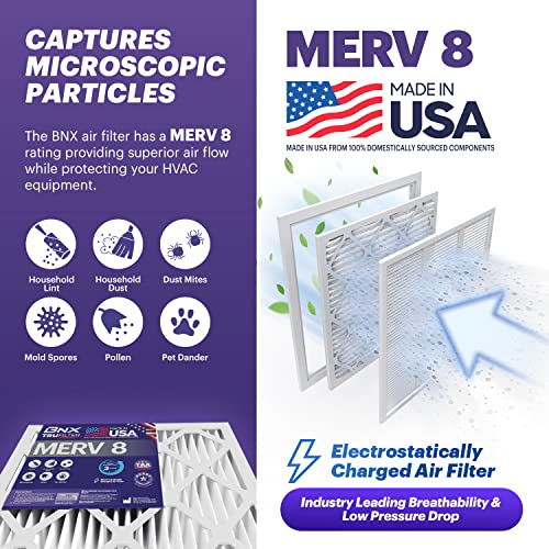 BNX TruFilter 16x25x1 Air Filter MERV 8 (4 Pack) - MADE IN USA – Dust & Pet Defense Electrostatic Pleated Air Conditioner HVAC AC Furnace Filters for Dust, Pet, Mold, Pollen MPR 600 – 700 & FPR 5 16x25x1 4-Pack