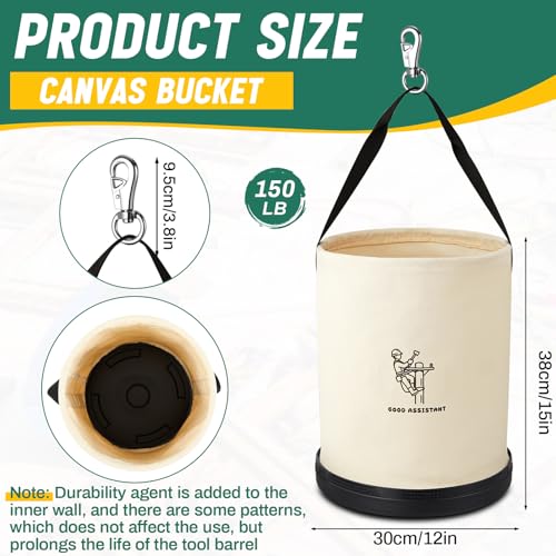 1 Pack 15" x 12" Canvas Tool Bucket Bag, Heavy Duty 150 Lbs Load Capacity, Truck Tool Organizer with Plastic Bottom Metal Hook for Linemen Electricians & Construction Workers (White) White 1