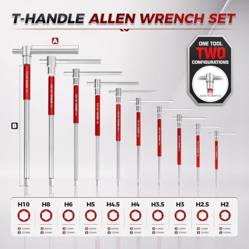 TOMMARS 10PCS T Handle Allen Wrench Set, Sliding Handle, Metric 2-10mm Mertic