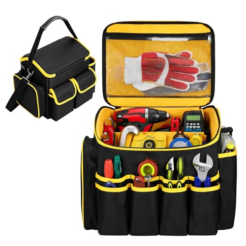 Heavy Duty Tool Bag Organizer, 10.6 x 10.2 x 13.4 in Multi-Pocket Wearproof Polyester Tool Tote with Removable Divider for Technicians, Electricians, Carpenters
