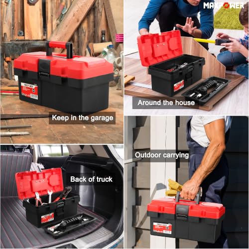 MAXPOWER Small Tool Box, 14-inch Plastic Tool Boxes with Handle 14” 14" red