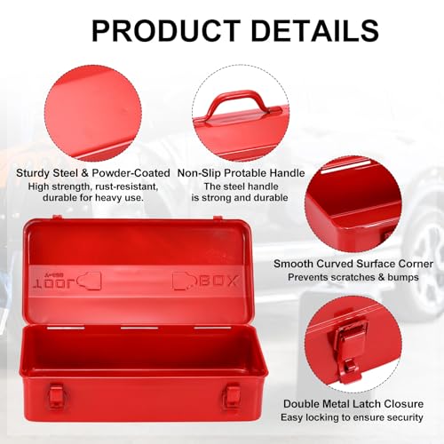 HARFINGTON Portable Tool Box, 17" x 8" x 4" Trunk Tool Storage Box Steel Organizer Mountain Toolbox Double Metal Latch with Handle for Garage Warehouse Workshop Household, Red 17" x 8" x 4"