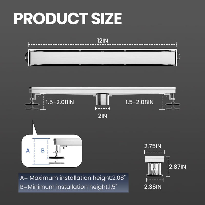 Linear Shower Drain 12 Inch, Shower Drain with 2-in-1 Tile Insert Panel, Brushed AISI 304 Stainless Steel Linear Drain for Fast Drainage, Floor Drain for Bathroom, Kitchen, Garage & More