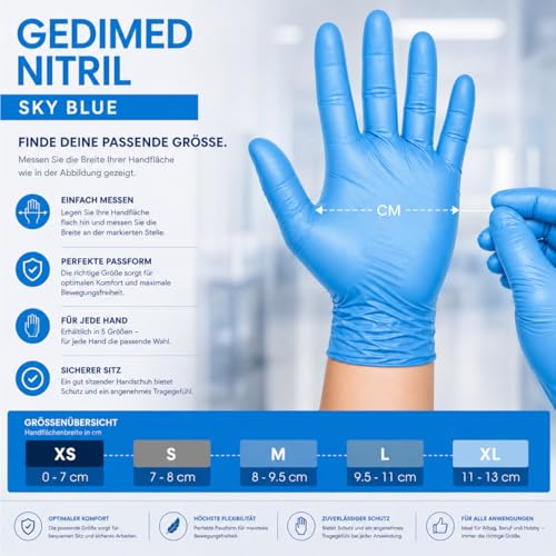 Gedikum Nitrile Disposable Gloves, Powder-Free, Latex-Free, Pack of 100/Box, Blue Nitrile Gloves, Available in Sizes XS, S, M, L, XL & XXL (L)