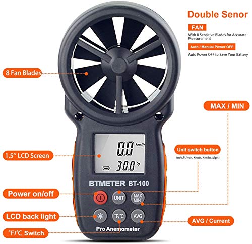 BTMETER Digital Anemometer - Handheld Wind Gauge - Digital LCD Meter for Precise Wind Speed Measurement (CFM) with Max./Min./Average - LCD Backlight - for Shooting BT-100 wind gauge, 1 piece