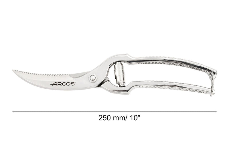 ARCOS Poultry Shears 10 Inch Nitrum Stainless Steel. Ergonomic Polyoxymethylene POM Handle. 250 mm. Series Ecopro. Butchers and professional cooks for cutting and chopping. Color Silver. Metallic