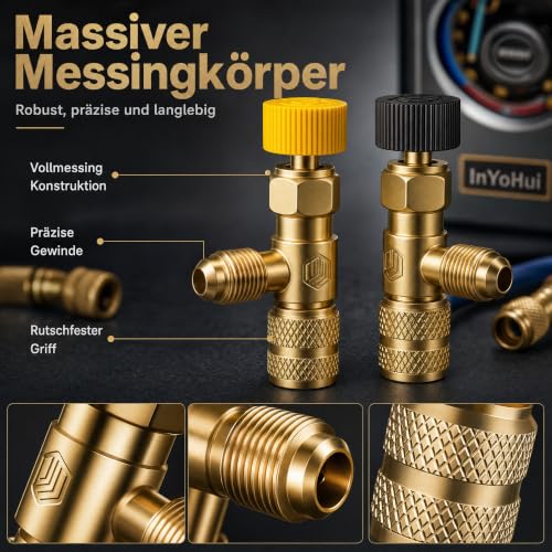 2x Refrigerant Adaptor with Needle Valve R410A R32 R22 | Set of 2 brass safety adapters for R410A, R32, R22 and R134a with precise flow control