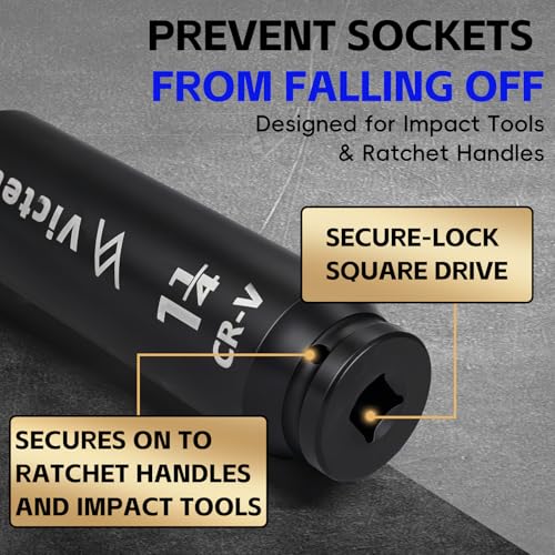 1/2" Drive 1-1/4" Extra Deep Impact Socket，6.3-Inch (160mm) Long，6-Point, Heat Treated Cr-V Alloy Steel, One-Piece Forged, No Torque Loss