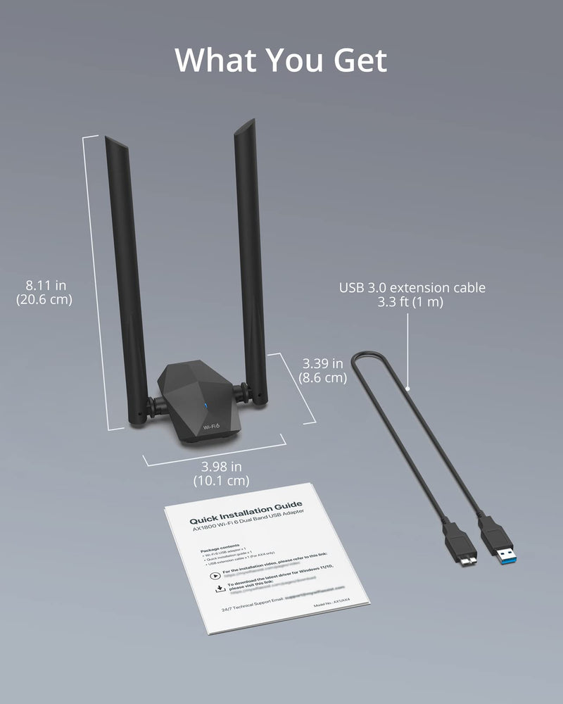 BrosTrend USB WiFi 6 Adapter AX1800 Long Range WiFi USB Adapter for PC Laptop Desktop 5GHz/1201Mbps + 2.4GHz/574Mbps Wireless WiFi Dongle USB3.0 with 2x High Gain Wi-Fi Antennas for Windows 11/10 ONLY