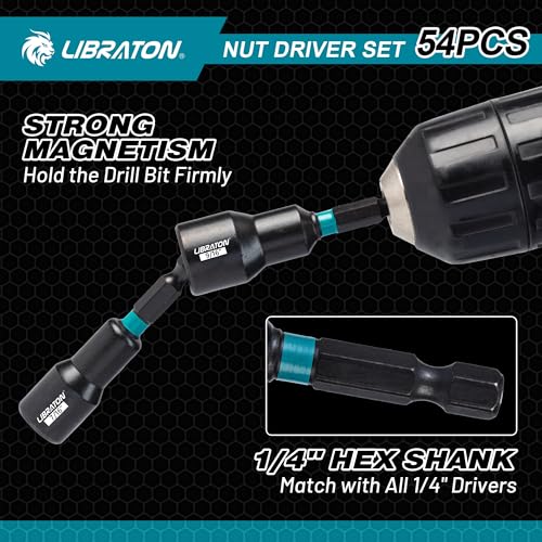 LIBRATON 54PCS Magnetic Nut Driver Set, Impact Drill Driver Bit Set 1/4" Metric & SAE 54PCS