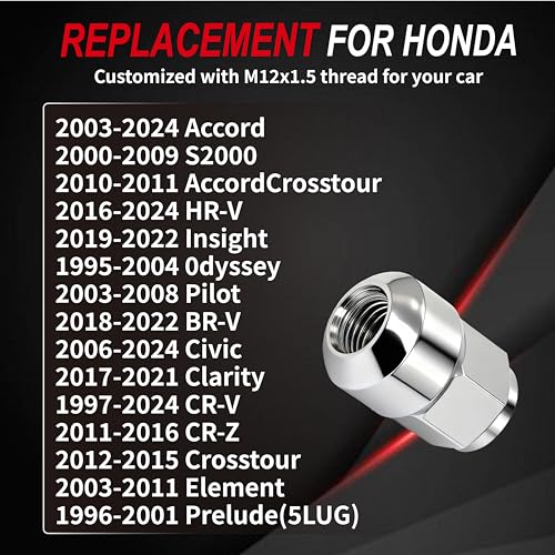 M12x1.5 Lug Nuts - Replacement for 2006-2024 Honda Civic2006-2024,1997-2024 CR-V, 2003-2024 Accord, 2016-2024 HR-V - Closed End Chrome Lug Nut 20-Piece Set