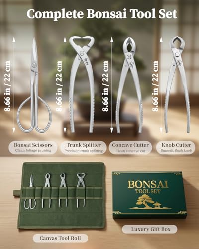 Bonsai Tool Kit 4PCS with Tool Roll Bag & Luxury Gift Box, Bonsai Tools Set 4-Piece Set