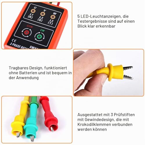 Vegena Phase Tester Rotary Field Meter Ac60 V ~ 600 V with Crocodile Clips Buzzer Tester Displays Digital Phase Rotation Indicator 3 Phase Sequence Presence Rotation Tester Contactless Rotary Field