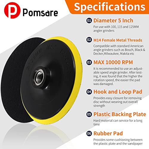 Pomsare Sanding Discs Pad Kit Sanding Disc 125 mm Pack of 50 Sandpaper with M14 Sanding Pad and Shaft for Angle Grinder Drill Grinder Grit 10 x 40/60/80/120/180 for Wood Metal standard