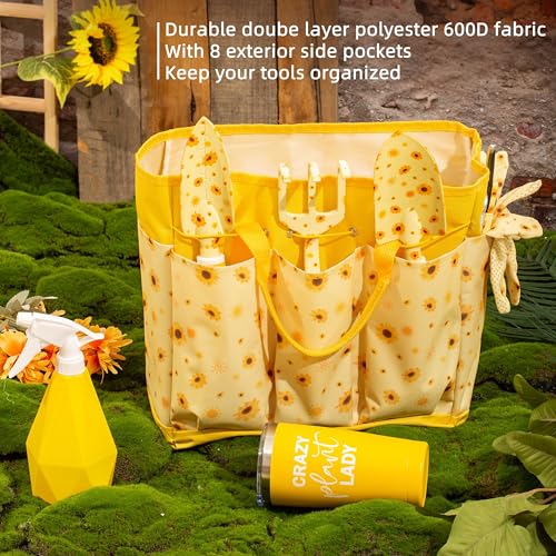 Sunflower Gardening Gifts for Women, Garden Tool Set, Heavy Duty Gardening Hand Tools with Garden Tool Bag,Yellow Crazy Plant Lady