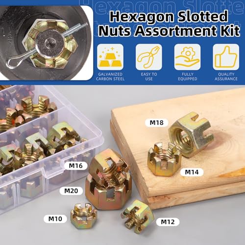 Glarks 60Pcs M10 M12 M14 M16 M18 M20 Hexagon Slotted Nuts Assortment Kit, 6 Size Carbon Steel Hex Castle Nuts for Car Moto Furniture Fasteners Repair