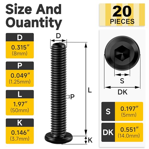 Mywish M8 x 50mm 20Pcs Flat Head Hex Socket Cap Screws Bolts & M8 x 50mm 20Pcs Flange Button Head Hex Socket Cap Screws Bolts, 304 Stainless Steel Furniture Bolts Full Thread, Black Oxide & Hex Spanne