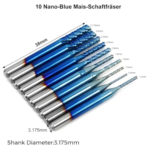 Twotrees 40-Piece CNC End Mill Set 3.175 mm (1/8 Inch) Shank | Carbide End Mill, Double-Edged Ball Mill, Two-Edged Spiral Mill & Corn Mill (Nano Blue & TiN Coated) Blue gold 3.175mm 1