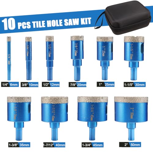 10Pcs Diamond Tile Hole Saw Kit, 1/4"-2" Vacuum Brazed Tile Drill Bits 10
