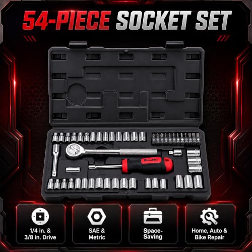 DuraMax Socket Set, 54-Piece Mechanic Tool Set with 1/4 & 3/8 Inch Drive SAE & Metric Sockets, Ratchet Wrench, Torx & Hex Bit Set, Extension Bar, Adapter and Storage Case