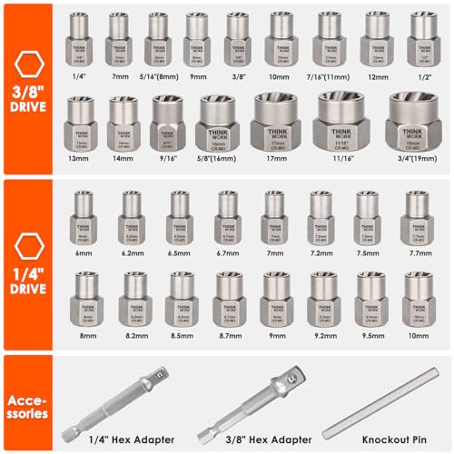 35 Pcs Bolt Extractor Kit, 1/4" & 3/8" Drive Impact Bolt & Nut Remover Set 35-Piece