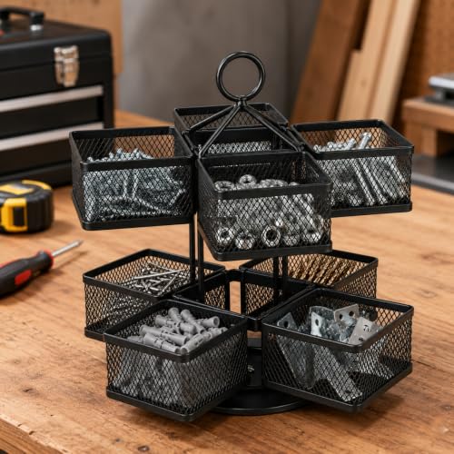 Mesh Metal Toolbox Organizer With 8 Rotating Bins, 360° Hardware Storage Rack, Small Tool Box for Screws, Nuts, Bolts, Washers, Drill Bits and Pliers in Garage Workshop, Black