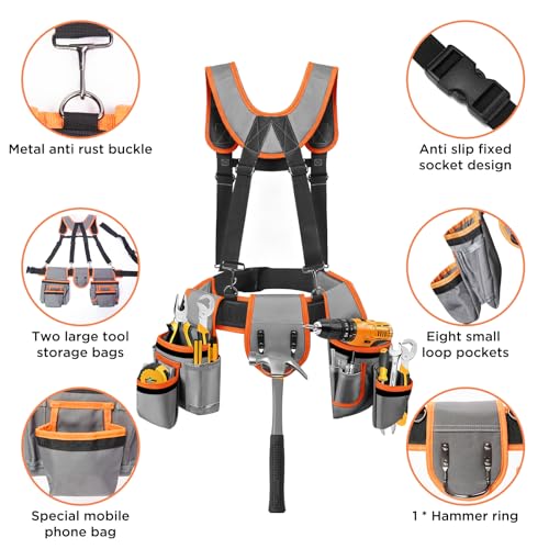 Tool Belt with Suspenders, Tool Belts for Men, Magnetic Wristband & Detachable Pouch – Heavy Duty Adjustable Belt for Electricians, Carpenters, DIY, Construction,Gift (Gray-Orange, Universal) Gray-orange