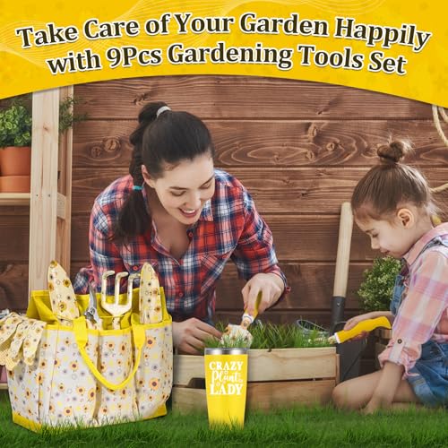 Lifecapido Gardening Gifts for Women, Gardening Hand Tools, 9 PCS Sunflower Garden Tool Set Kit with Garden Tool Bag, Birthday Christmas Mothers Day Garden Tools Gifts for Gardeners Women Mom (Yellow) Yellow