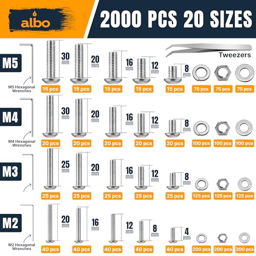 ALBO 2000 Pcs M2-M5 Socket Head Cap Screw Kit, 304 Stainless Steel Set 2000 Head Cap
