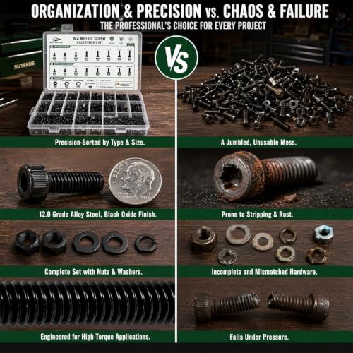 Sutekus 1260Pcs M4 Screws Kit, 12.9 Grade Carbon Steel Black Oxide Hex Socket Button & Cap Head Bolts, Metric Assortment with Nuts Flat Washers Lock Washers, 6-40mm