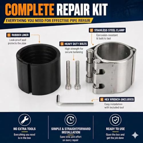 Pipe Repair Clamp,2.5 inch (60mm-65mm)）Stainless Steel Leak Sealer, Heavy Duty Pipe Leak Repair Kit for Metal & PVC Pipes, for Burst & Crack Water Pipe Emergency Maintenance 60mm-65mm/2.5 inch