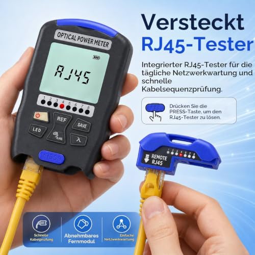 Optical Power Meter, 3-in-1 Fibre Optic Power Meter with RJ45 Tester, LED Light 850 ~ 1650 nm, -70 ~ +10 dBm, OPM FTTH Optical Power Meter Rechargeable Fibre Optic Tester with FC/SC/ST