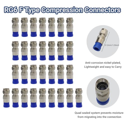 Professional Coax Cable Crimper Kit with Wire Stripper & RG6 Compression Connectors – Adjustable Coax Crimper Tool Set for TV, Satellite & Home Network Coaxial Cable Connector Installations