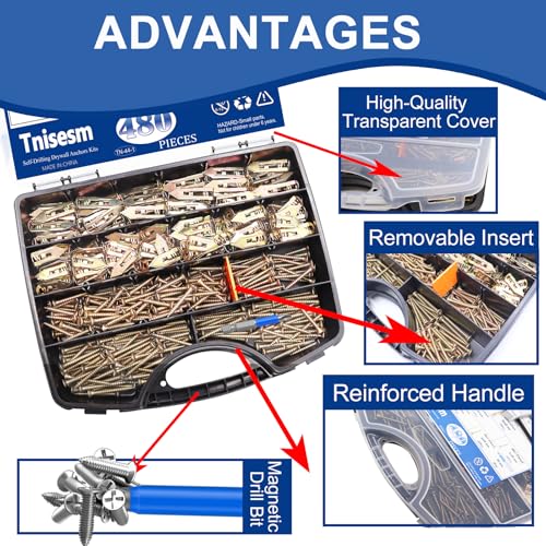 Tnisesm 480Pcs Self-Drilling Drywall Anchors with Screws, 2025 Upgraded Zinc Plated Steel for Heavy Duty, Metal Screw Anchors Kit, No Drill and Holes in Wall (4 Sizes) 480PCS-4SIZES