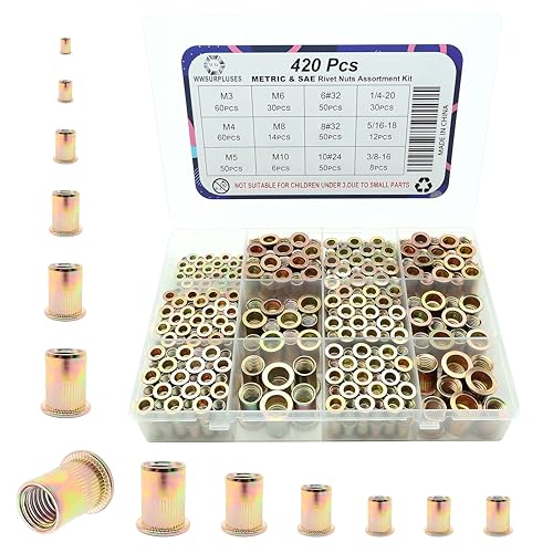 420Pcs SAE & Metric Rivet Nut Kit, Threaded Insert Nutsert Rivnut Kit Yellow SAE & Metric 420Pcs Kit