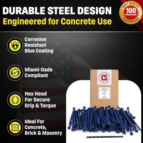 Hex Head Concrete Screw Anchor (1/4 x 3-1/4") 100 Pieces with Drill Bit (Miami-Dade Compliant) Chenango Supply