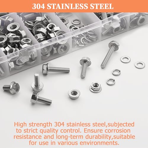 260Pcs 304 Stainless Steel M6 Flange Hex Head Bolts Assortment Kit,M6-1.0 x 12/16/20/25/30/35/40mm with Serrated Flange Nuts,Washers & Lock Spring Washers,Hex Head Screw, Full Thread DIN6921 Sliver M6 Flange Blots Kit