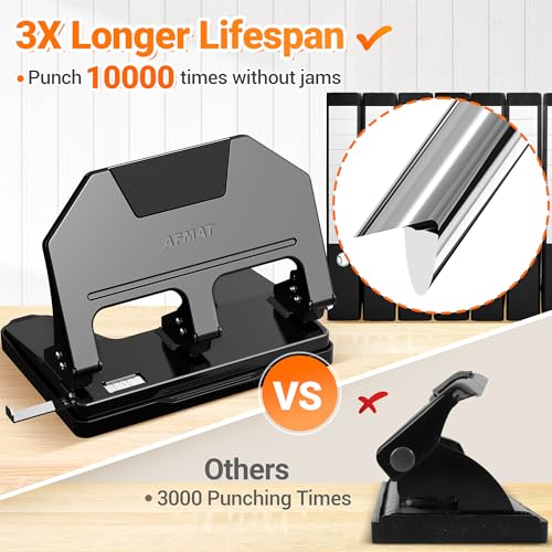 AFMAT 3 Hole Punch Heavy Duty, 9/32" Hole Diameter, 40-Sheet 3 Hole Puncher for Binder, 50% Reduced Effort, Metal Three Hole Punch w/ 10,000+ Uses, Bulit-in S.S. Paper Guide, Large Chip Tray, HPX3 Black 40-Sheet Capacity