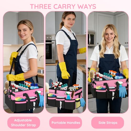 ZKOO Large Cleaning Caddy Bag with Handle, Portable Cleaning Supply Organizer Tote with Sturdy Support Board Adjustable Shoulder Strap, Multi-Compartment Storage for Housekeepers, Maids Cleaners, Pink
