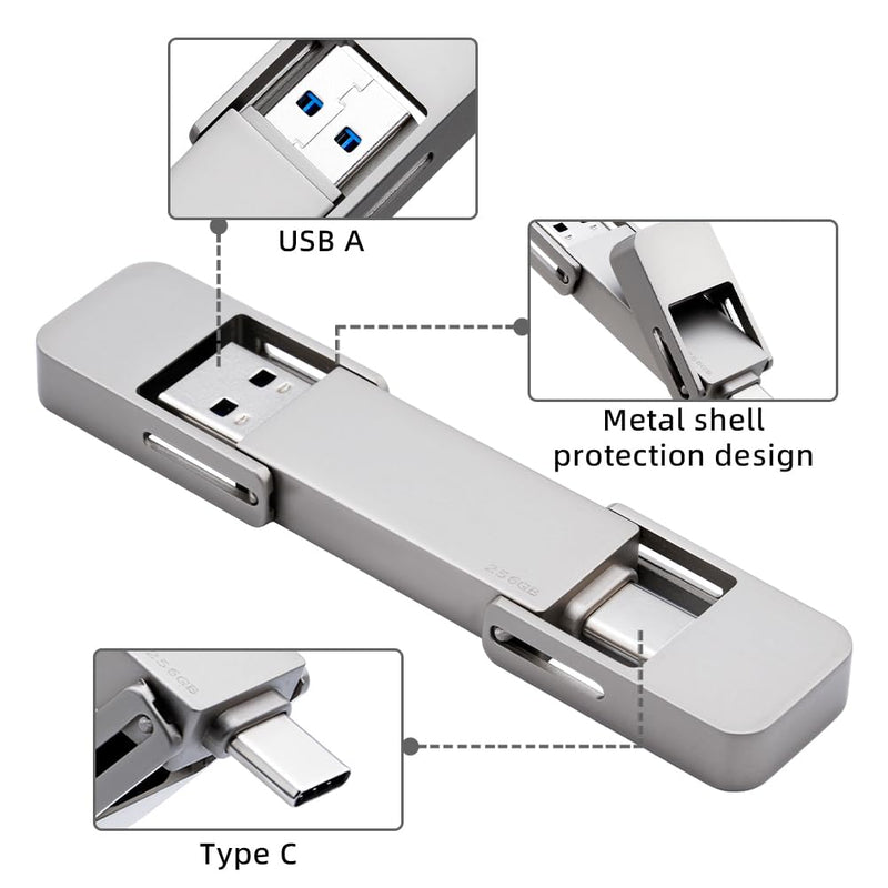 USB Drive 128GB External SSD,USB 3.2 Gen 2 A+C Dual Port Portable SSD,Up to 550MB/s for Data Storage, External Solid State Hard Drive for iPhone 15/16 /Android/PC/Mac/Laptop 1 silvery